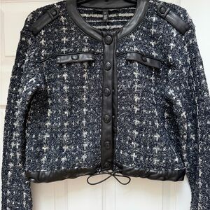 White House Black Market Black Cropped Tweed Blazer with Leather Accents